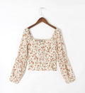 Spring Summer Women Clothing Retro Printed Fastener Decoration Long Sleeve Shirt