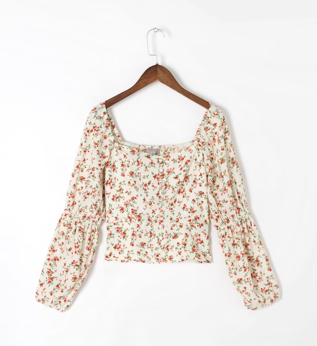 Spring Summer Women Clothing Retro Printed Fastener Decoration Long Sleeve Shirt