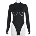 Sexy Long Sleeved Printed High Elastic Bodysuit Hollow Out Cutout Women Top