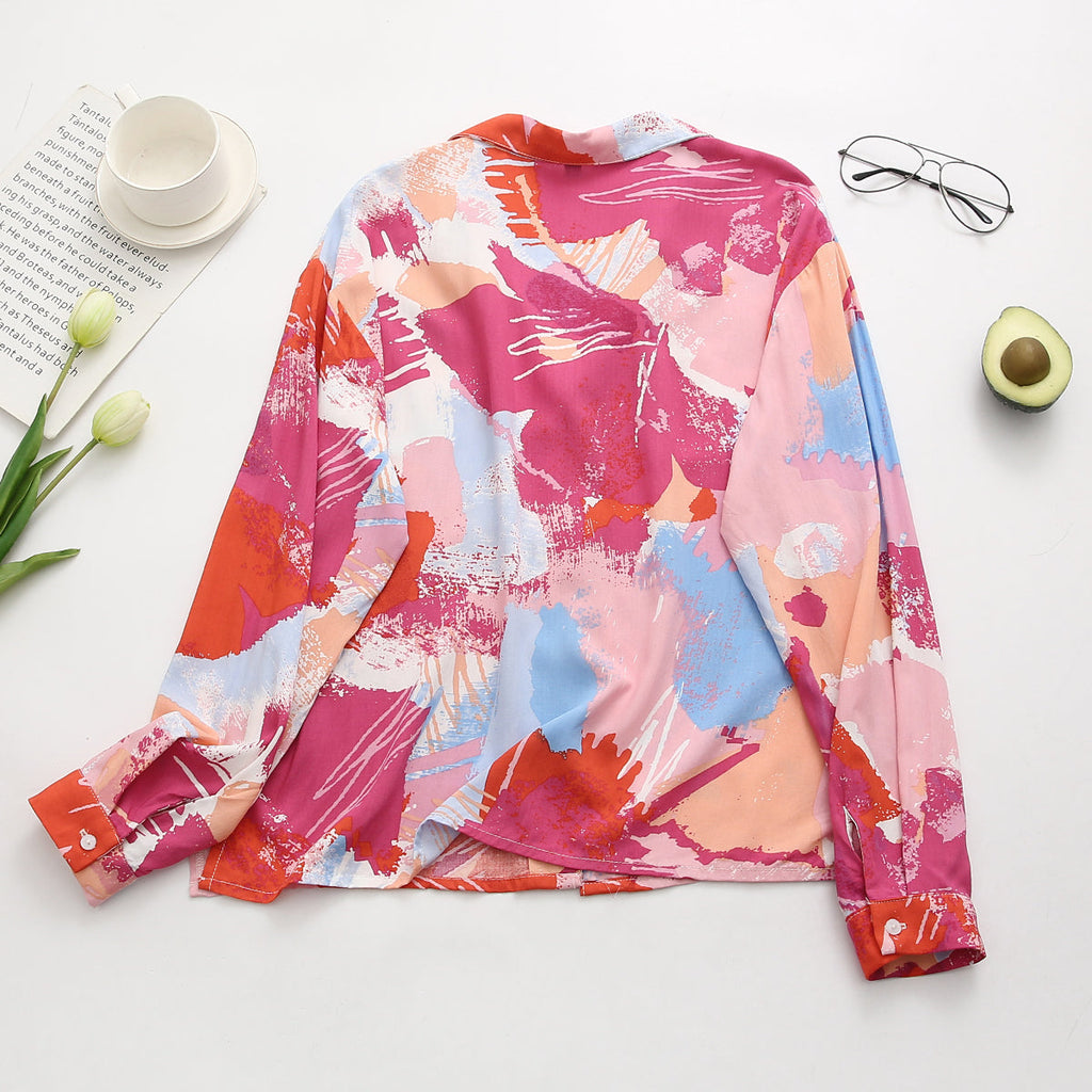 Summer Women Clothing Retro Rayon Collar Printing Loose Shirt