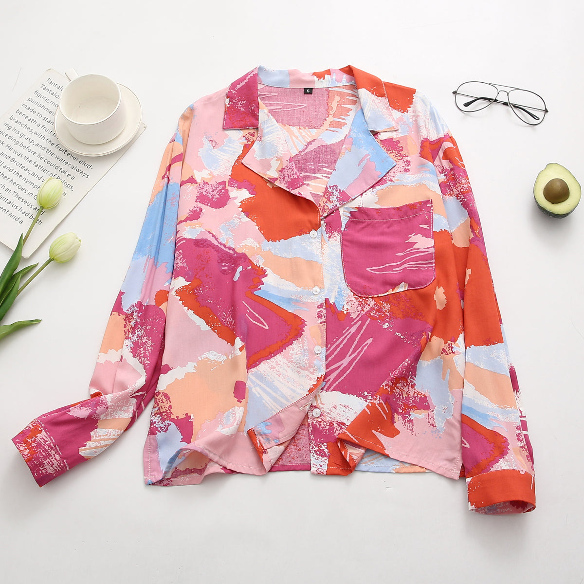 Summer Women Clothing Retro Rayon Collar Printing Loose Shirt