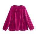 Fall Women Clothing Round Neck V Neck Lace Up Pleated Long Sleeve Loose Pullover Top