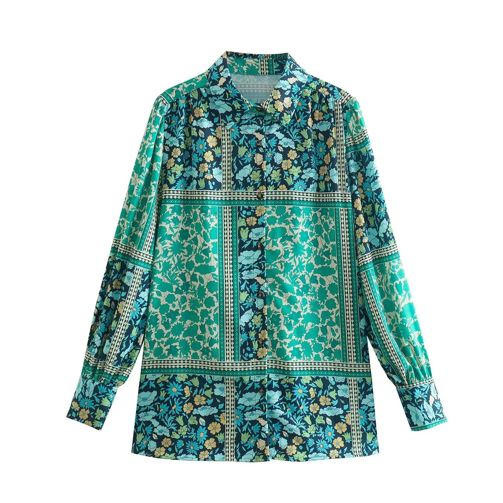 Summer Women Clothing Retro Polo Collar Printed Long Sleeve Loose Shirt