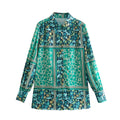 Summer Women Clothing Retro Polo Collar Printed Long Sleeve Loose Shirt