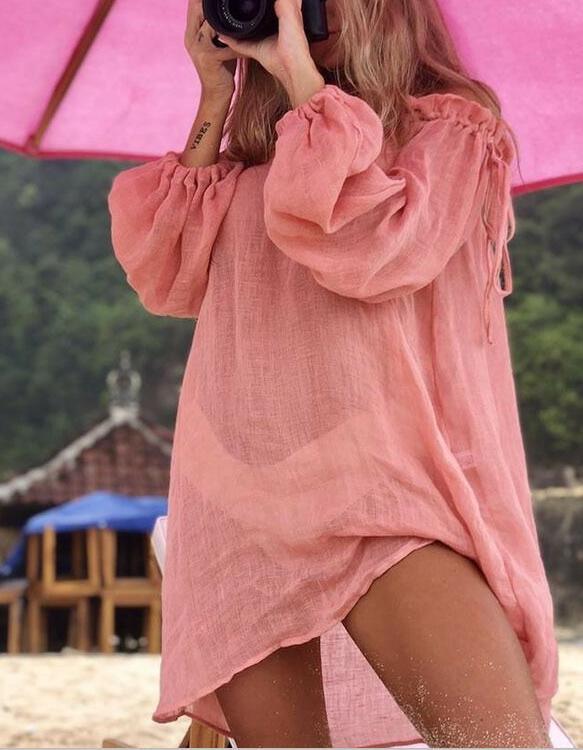 Spring Summer Solid Color Loose Blouse Beach Bikini Cardigan