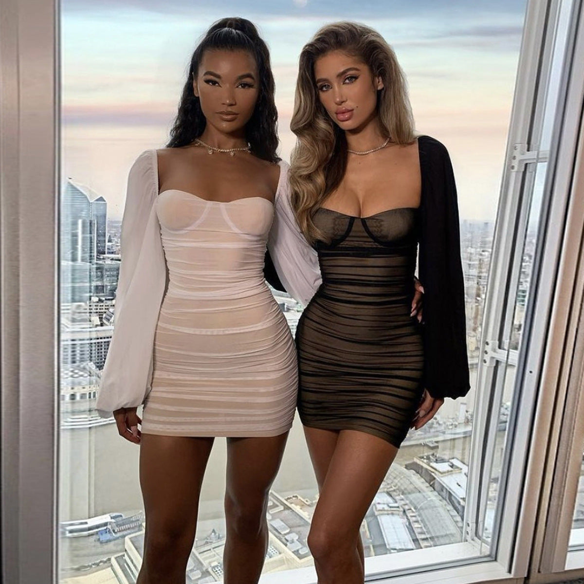 Spring Summer Women Sexy Mesh Square Collar Backless Lantern Sleeve Pleated Dress