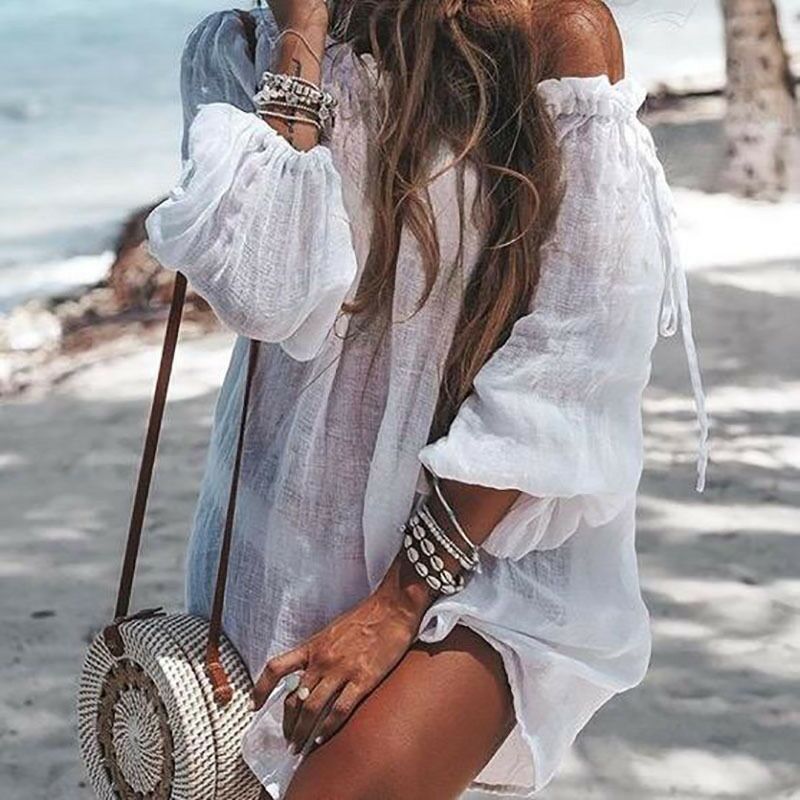 Spring Summer Solid Color Loose Blouse Beach Bikini Cardigan