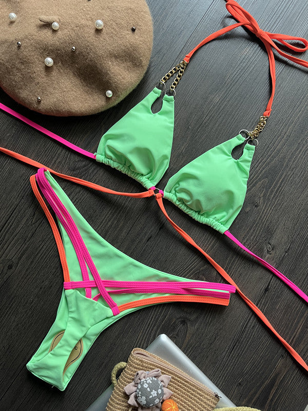 Arrival Bikini Chain Sexy Backless Split Swimsuit Nylon Color Matching Bikini