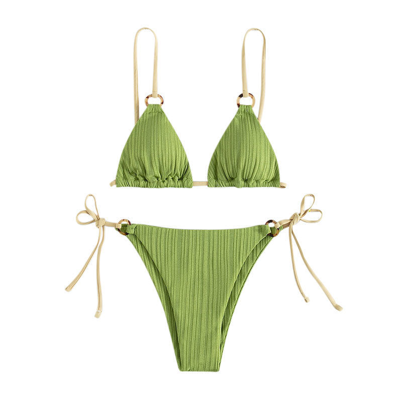 Bikini Swimwear Split Solid Color Tied Triangle Cup Sexy Bikini Swimsuit