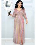 Winter African Women Wear Long Sleeve Bronzing Pleated Swing Dress with Belt Glittering Powder Fabric