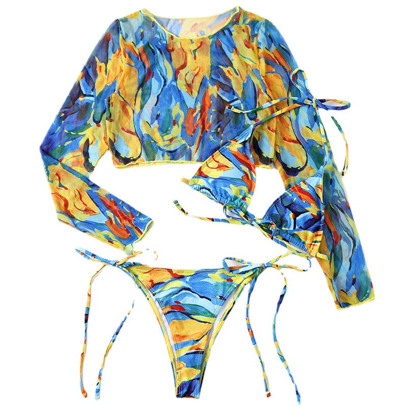 Swimsuit Long Sleeve Mesh Cover Ladies Three Piece Set Swimsuit Leopard Print Sexy Rope Bikini
