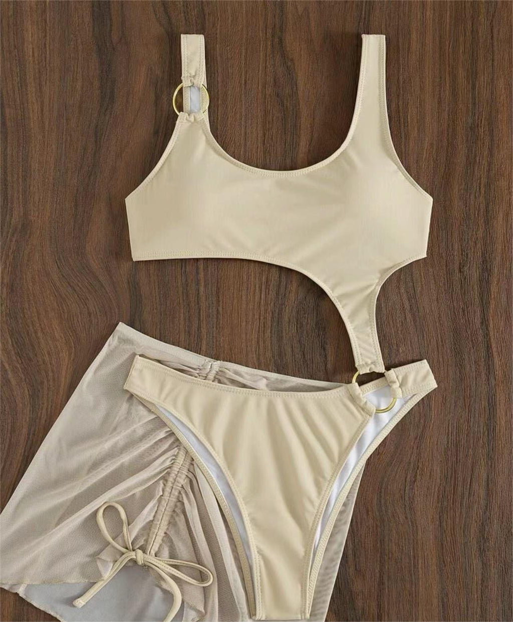 Solid Color One Piece Two Piece Suit Bikini Sexy Cutout Mesh Drawstring Swimsuit