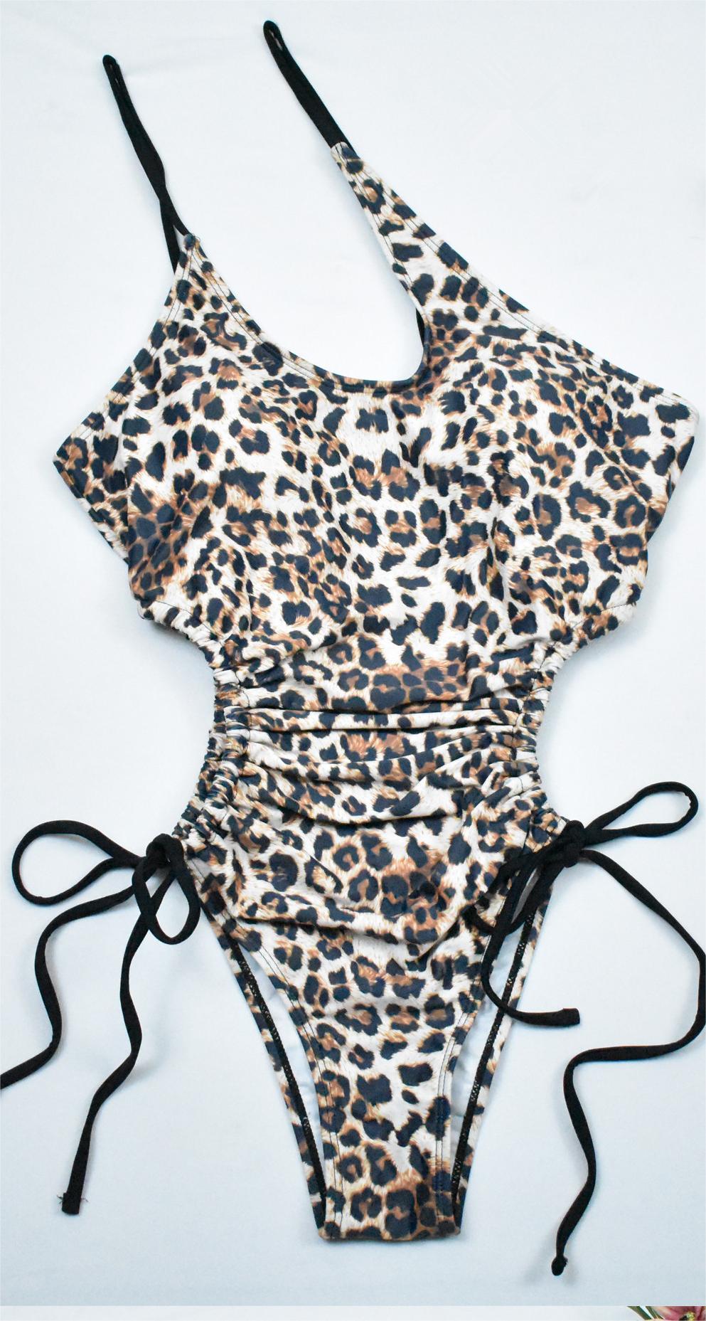 Leopard Point Retro One Shoulder One Piece Bikini Women Swimsuit