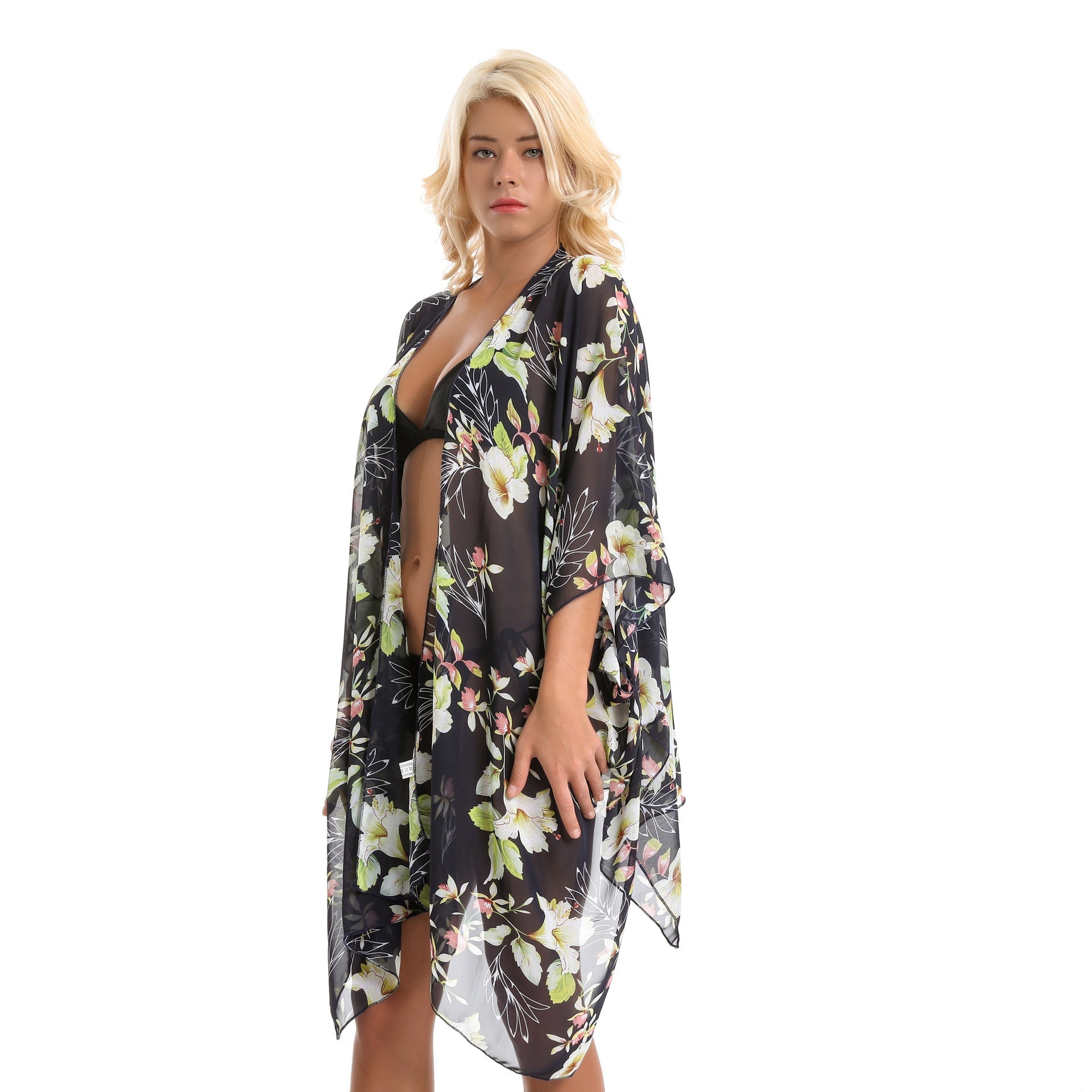 Elegant Lily Pattern Chiffon Beach Sun Protection Beach Cover Up Cardigan