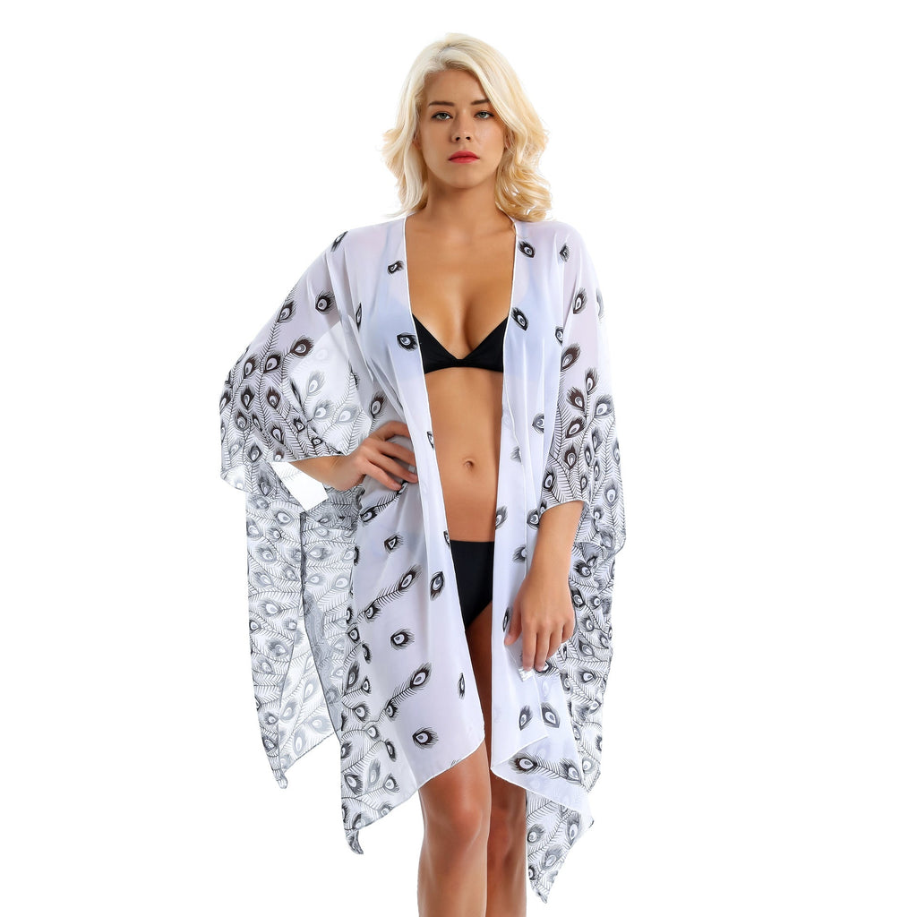 Feather Pattern Beach Cover Up Sun Protection Cardigan Beach Vacation Swimsuit Coat
