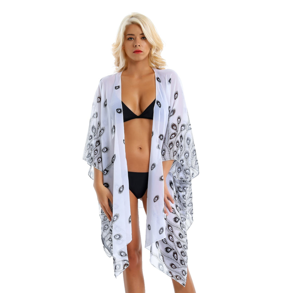 Feather Pattern Beach Cover Up Sun Protection Cardigan Beach Vacation Swimsuit Coat