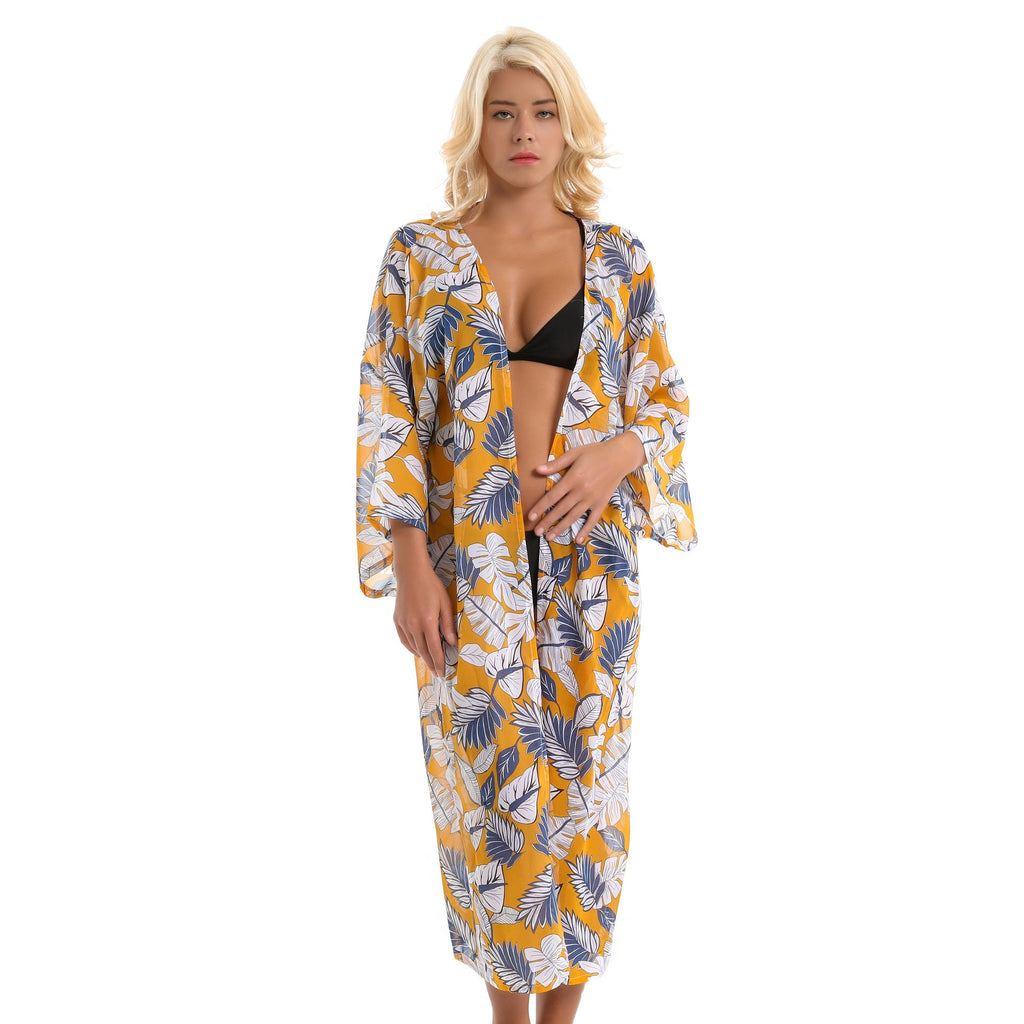 Spring, Summer Autumn Tropical Japanese Banana Leaf Palm Leaf Chiffon Lightweight Swimwear Cover up Sun Protective Blouse