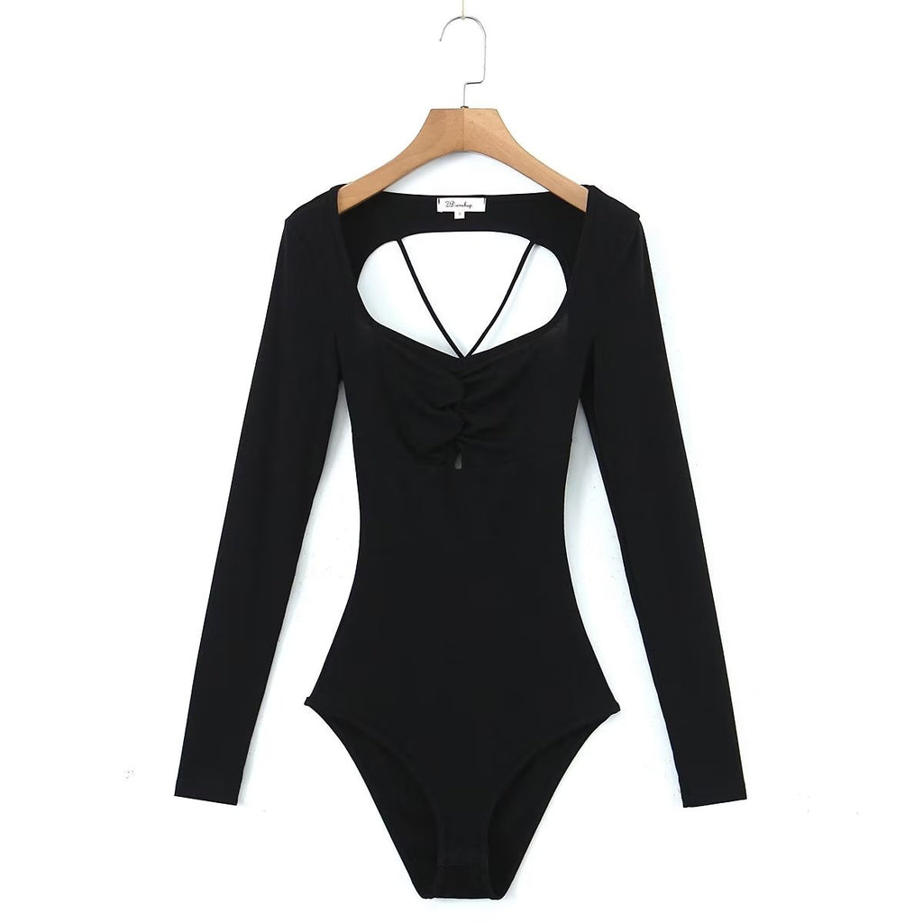 Spring Sexy Sexy Slim Fit Slimming Hollow Out Cutout Backless Tied Long Sleeves Knitted Jumpsuit Crisscross