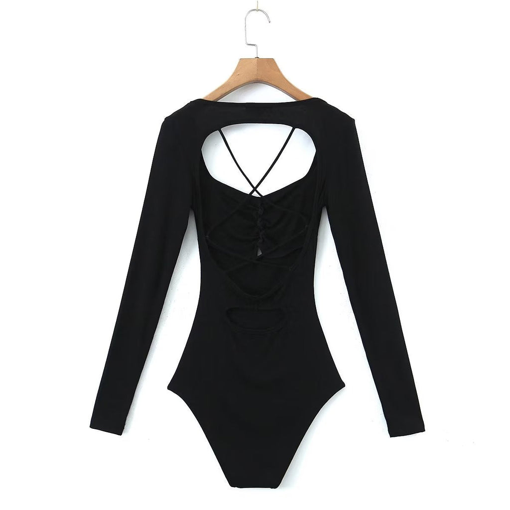 Spring Sexy Sexy Slim Fit Slimming Hollow Out Cutout Backless Tied Long Sleeves Knitted Jumpsuit Crisscross