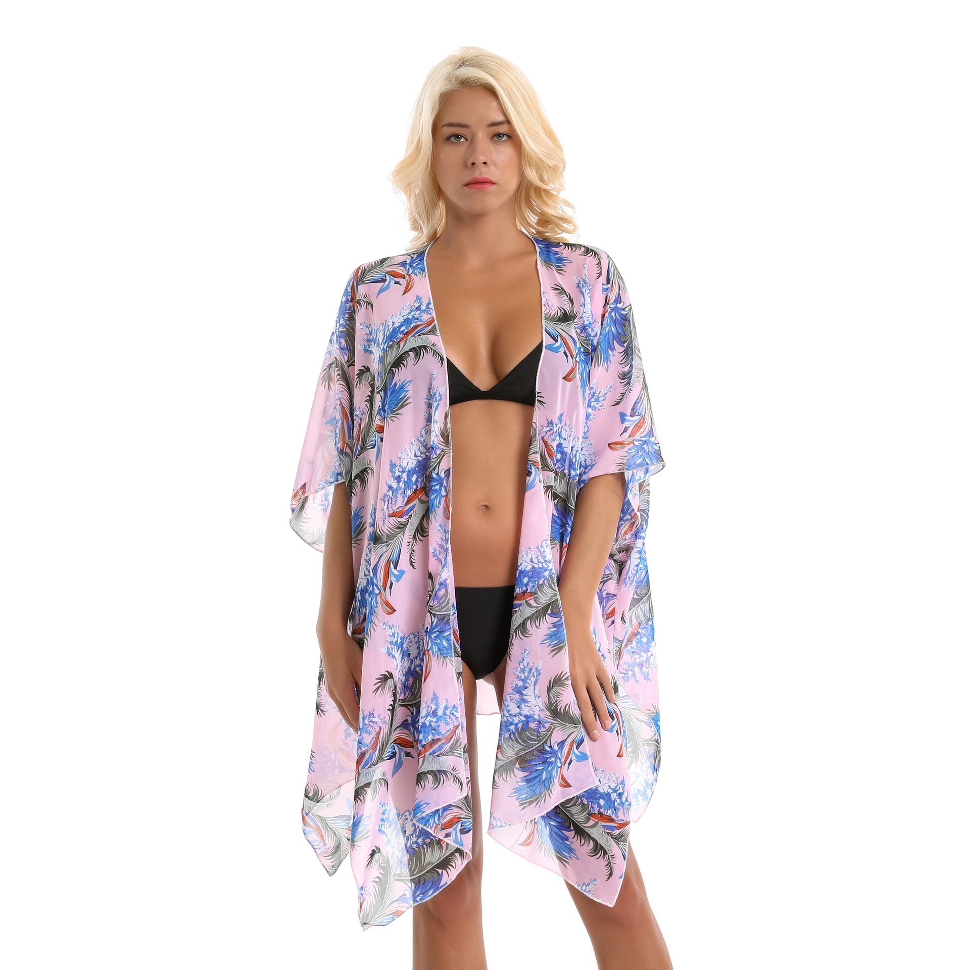 Spring Summer Vacation Travel Beach Coconut Leaves Printed Refreshing Chiffon Lightweight Portable Beach Cover Up