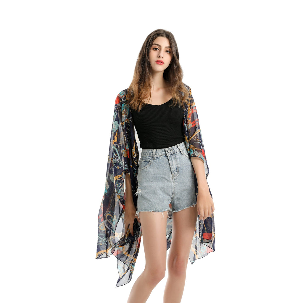 Summer Trendy Geometric Abstract Printed Chiffon Swimsuit Blouse Sunscreen Light Bikini Cardigan