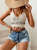 Women Summer Vacation Colorful Tassel Hanging Beads Hand crocheted Hollow Sling Top Crochet hook