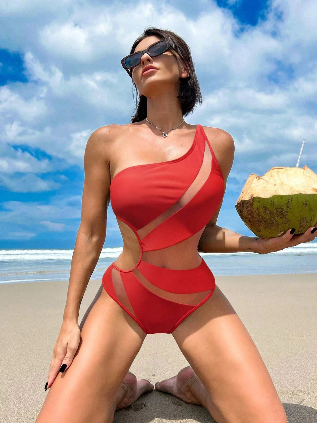 Bikinx Contrast Mesh One Shoulder One Piece Swimsuit