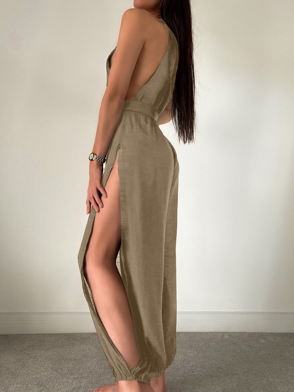 Sleeveless Beach Cover Up Solid Color All Matching Tied Jumpsuit Slim Fit Slimming Sun Protection Clothing Women