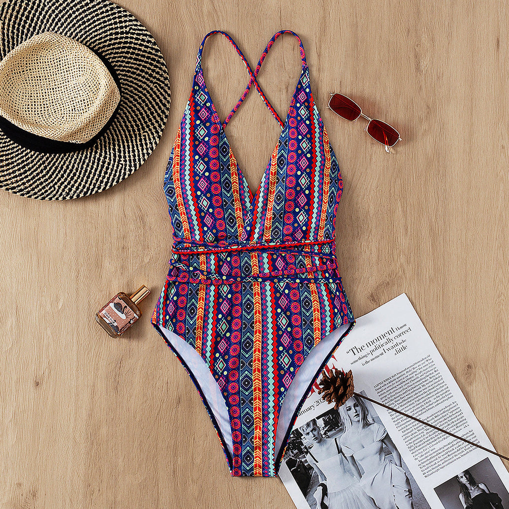 Bohemian Swimsuit Deep V Plunge Strap Sexy Backless Swimsuit Women
