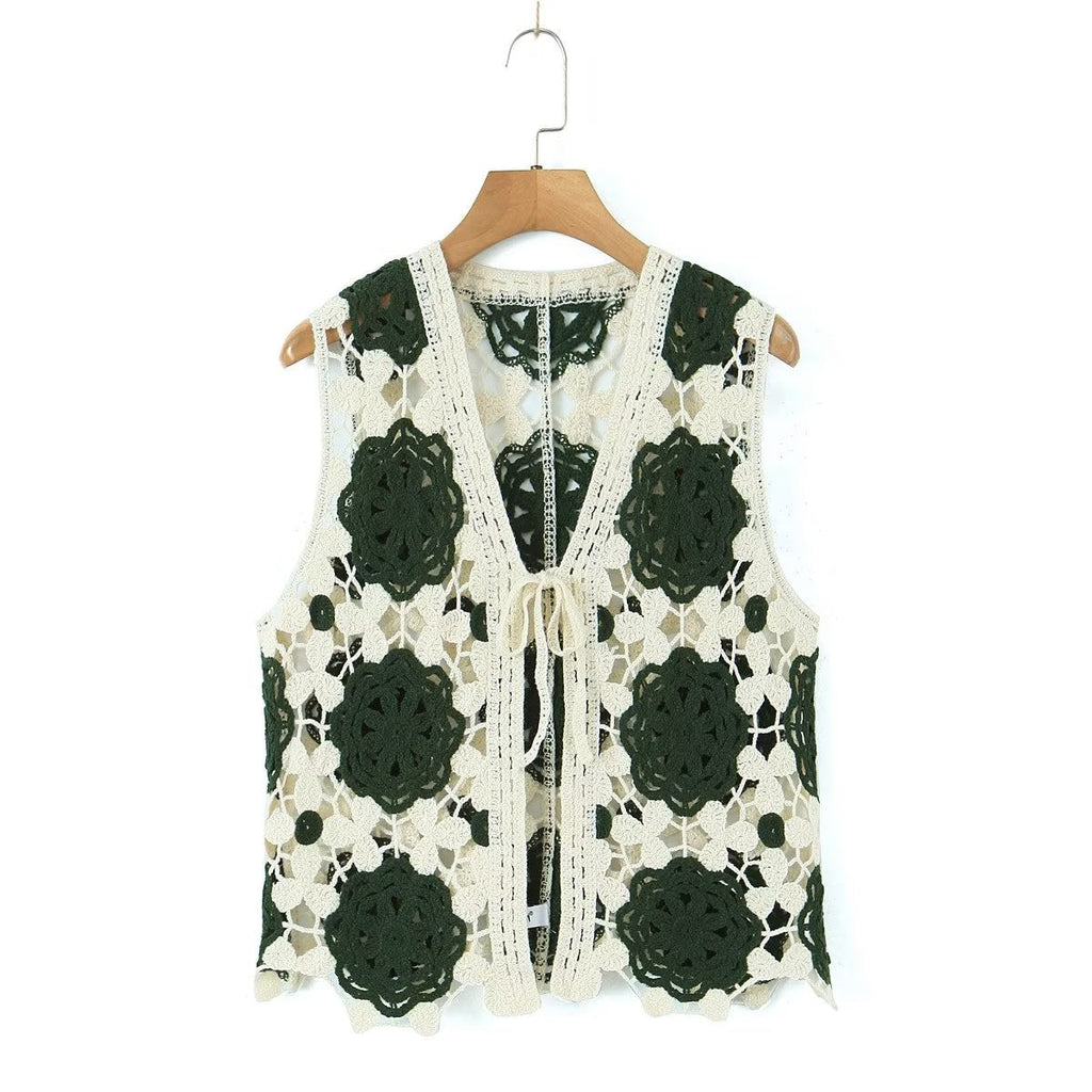 Spring Arrival Contrast Color Crocheted Top Comfort Casual Women Clothing Hong Kong Retro Hollow Out Cutout Design Vest