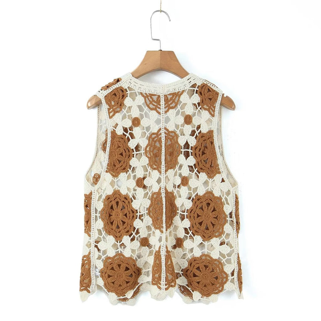 Spring Arrival Contrast Color Crocheted Top Comfort Casual Women Clothing Hong Kong Retro Hollow Out Cutout Design Vest