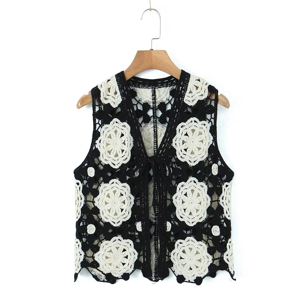 Spring Arrival Contrast Color Crocheted Top Comfort Casual Women Clothing Hong Kong Retro Hollow Out Cutout Design Vest