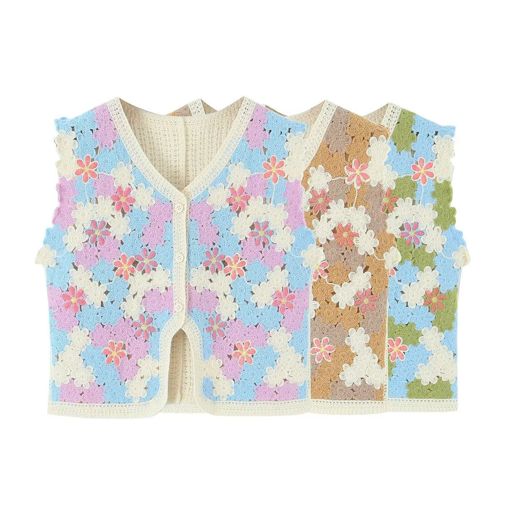 Women Retro Thailand Holiday Floral Vest Cardigan Top Casual All Matching Graceful