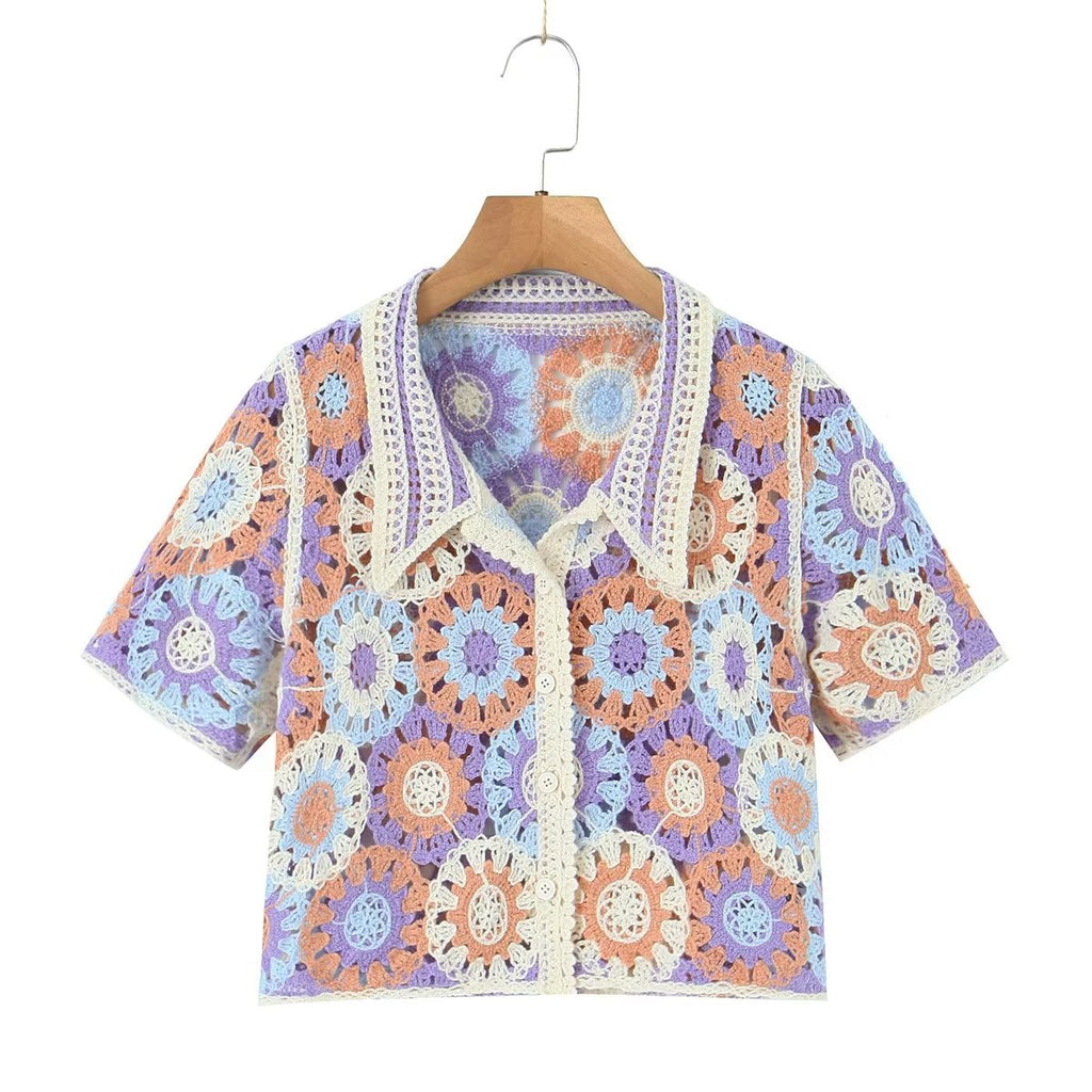 Retro Lapels Crocheted Top Spring Women Clothing Years Contrast Color Breasted Short Sweater