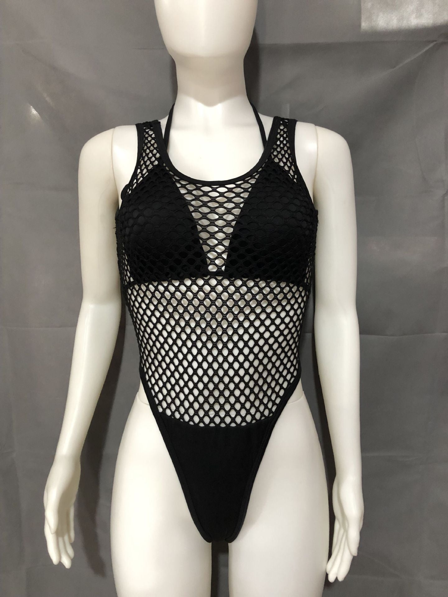 Hollow Out Cutout Mesh Hole See through Sexy Siamese Bikini Two Piece Set