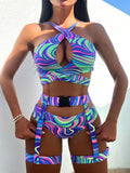 BikinxAllover Print Crisscross Front Garter Bikini Swimsuit
