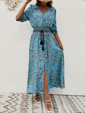 Women Summer New Arrival Cotton Positioning Printed Seven Sleeve Belted Bohemian Dress Travel Vacation Buckle Beach Dress