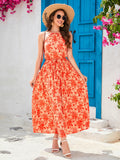 Women Summer Open Shoulder Neck Hanging Sling Ram Printed Strap Large Swing Dress