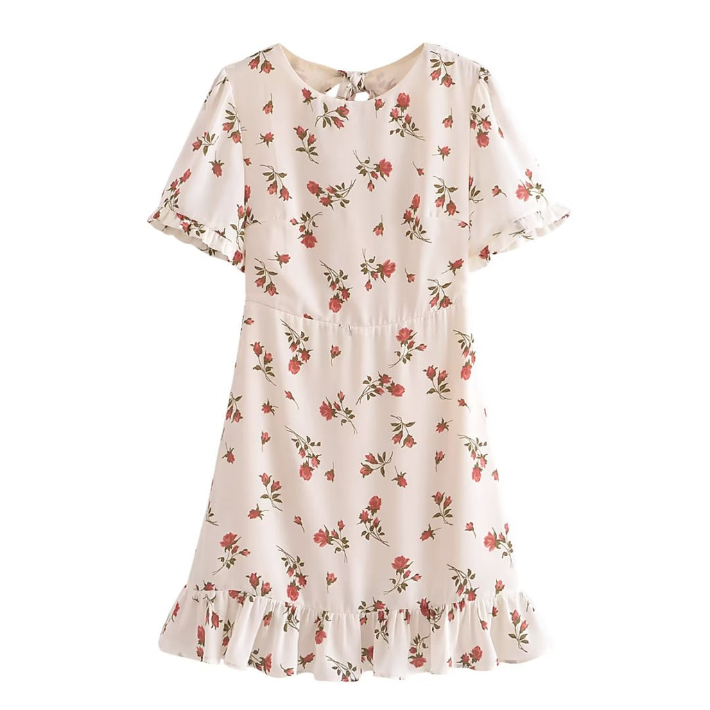 French Pastoral Fresh Floral Slim Fitting Stringy Selvedge Lace-up Dress Rose Printed Short Dress