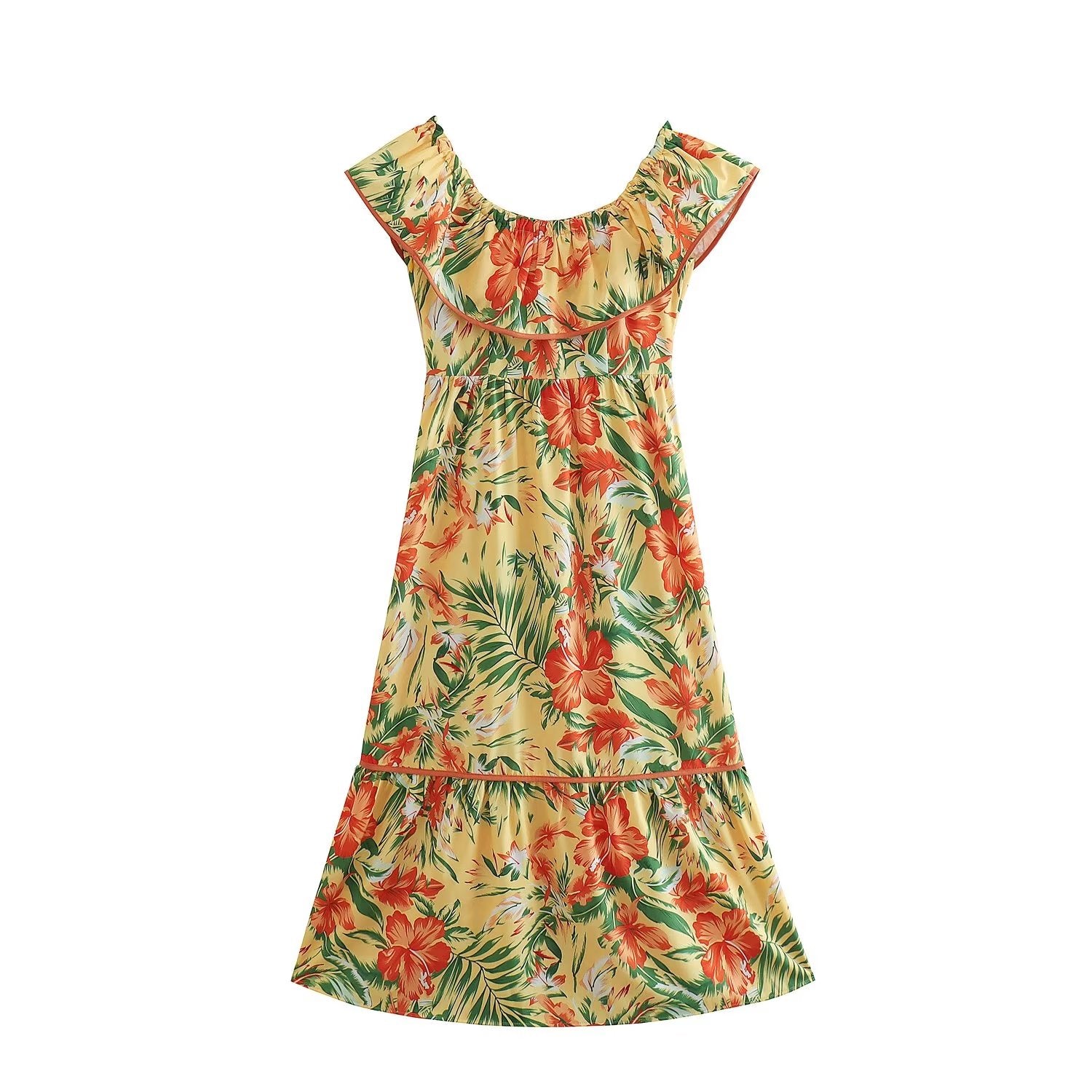 Women Clothing French High Waist Slimming Two Way Lace Chiffon Printed Dress