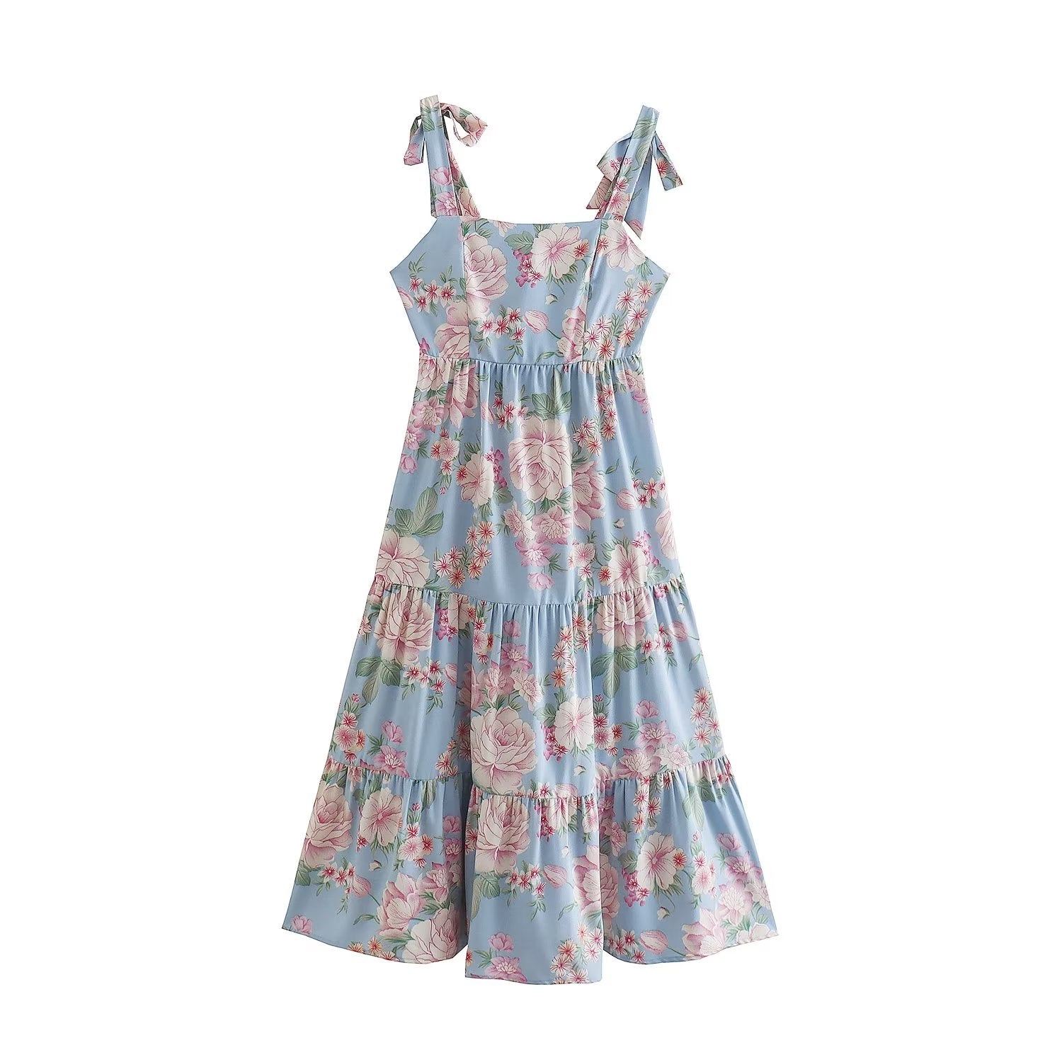 Women Clothing French High Waist Slimming Printed Backless Lace up Back Bow Tie Dress
