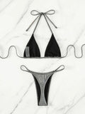 Sexy Three Piece Bikini Silver Thin Glittering Special Fabric Lace up Women Swimsuit