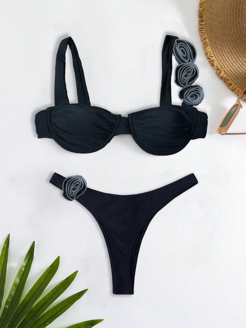 Bikinx Solid Color Steel Ring & 3d Flower Design Sexy Two piece Swimsuit