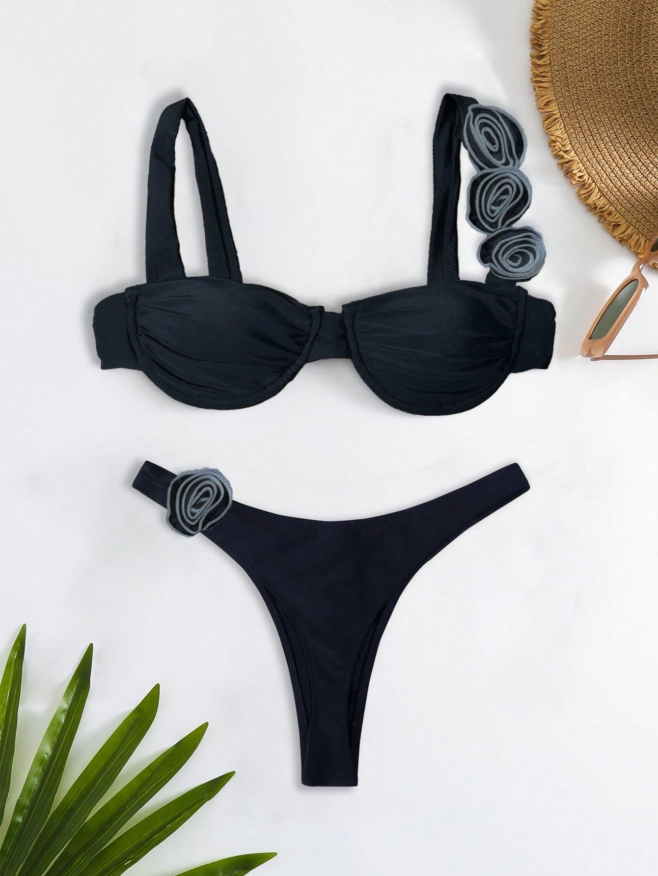 Bikinx Solid Color Steel Ring & 3d Flower Design Sexy Two piece Swimsuit