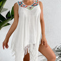 Holiday Crochet Block Stitching Irregular Asymmetric Tassel Hollow Out Cutout Beach Bikini Cover Up Dress