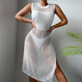 Beach Vacation Sexy Solid Color round Neck Woven Texture Split Beach Sun Protection Blouse Dress Crochet hook