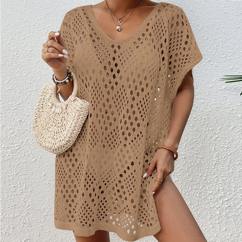 Women Wear Hollow Out Cutout Woven Loose Mid Length Beach Cover up Vacation Beach Sun Protection Shirt Crochet hook