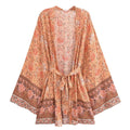 Rayon Printed Cardigan Loose Sleeves Short Lace Up Kimono
