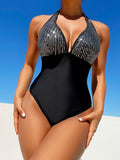 One Piece Swimsuit Women One Piece Halter Sequined Sexy Backless Bikini Swimsuit