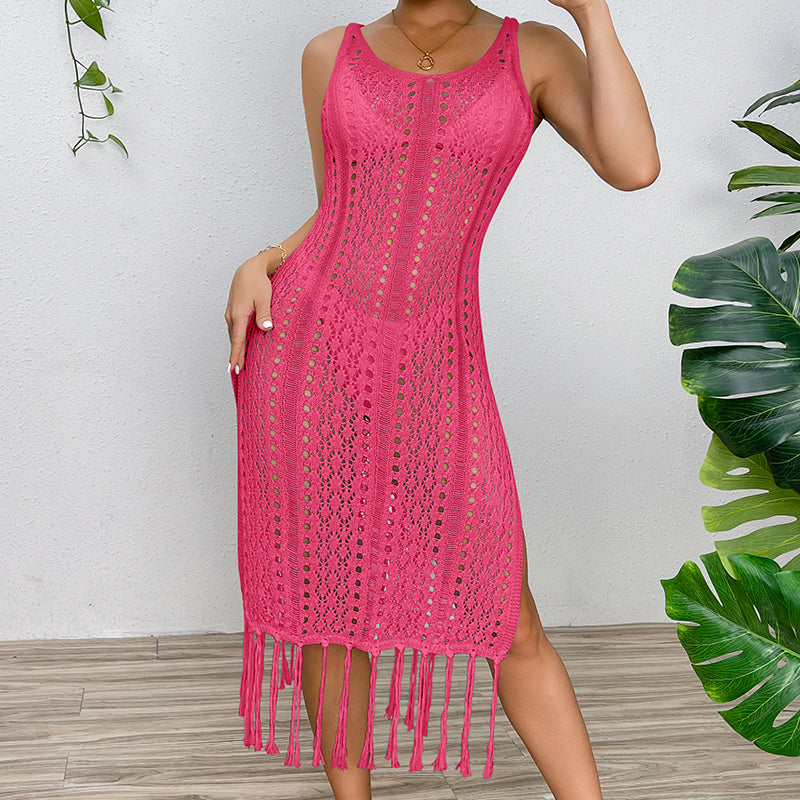 Vacation Sexy Solid Color Spaghetti Straps Knitted High Slit Hollow Out Cutout Tassel Dress Beach Sun Protection Blouse Crochet hook